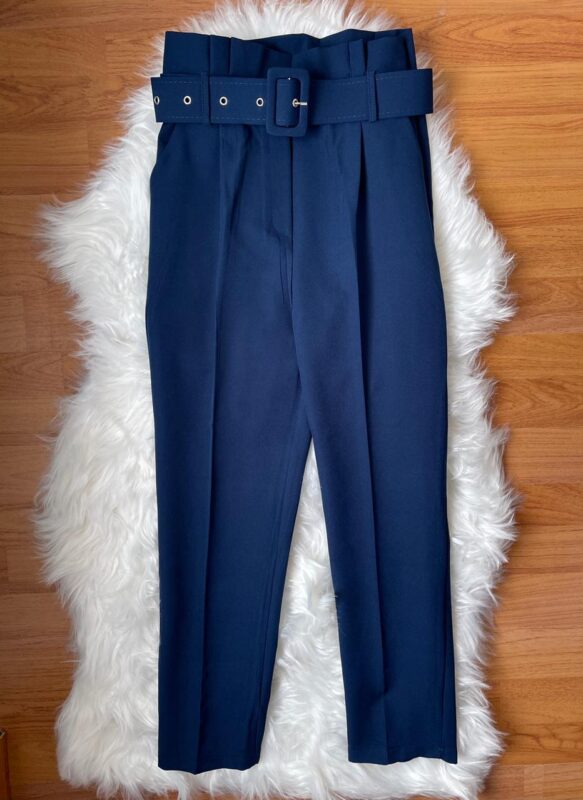 Navy Blue Formal High Waist Pant With Belt